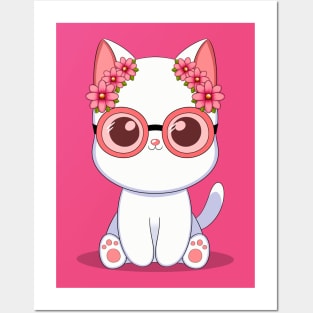 Cat With Pink Crown Flowers Posters and Art